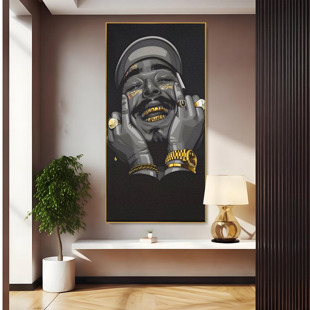 Tablou canvas cu tablou canvas cu portret post malone, in rama de aluminiu auriu